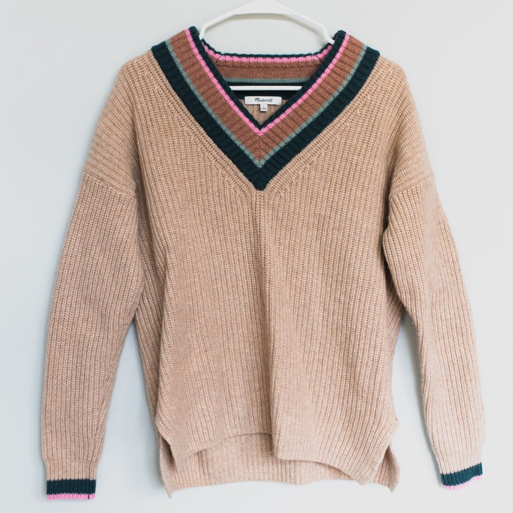 MADEWELL | Merino Wool Sweater - Tipped Forest V-Neck Sweater [EUC]